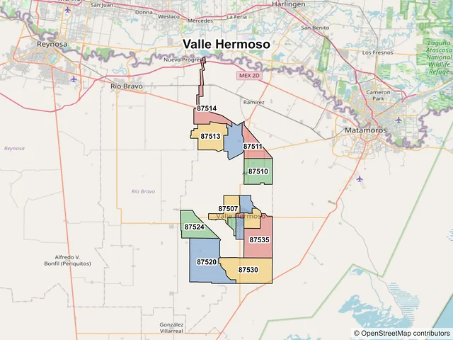 Mapa de códigos postales de Valle Hermoso, Tamaulipas