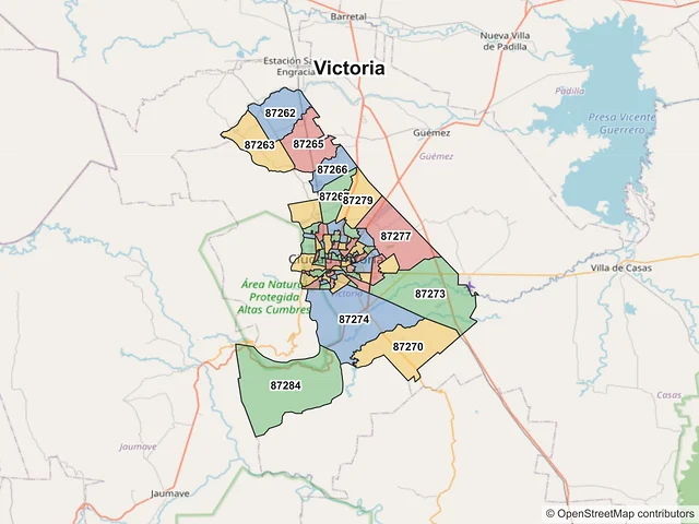 Mapa de códigos postales de Victoria, Tamaulipas