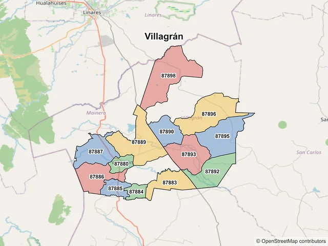 Mapa de códigos postales de Villagrán, Tamaulipas
