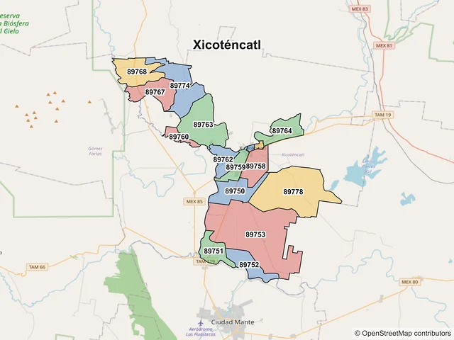 Mapa de códigos postales de Xicoténcatl, Tamaulipas