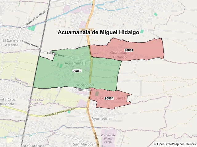 Mapa de códigos postales de Acuamanala de Miguel Hidalgo, Tlaxcala
