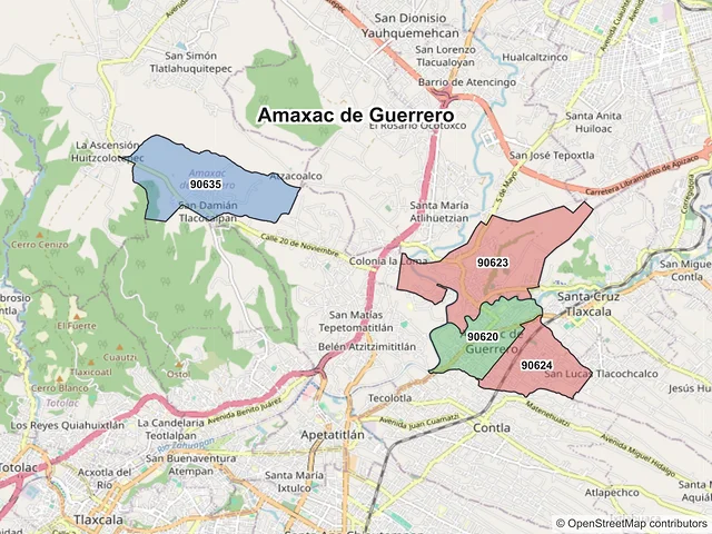 Mapa de códigos postales de Amaxac de Guerrero, Tlaxcala
