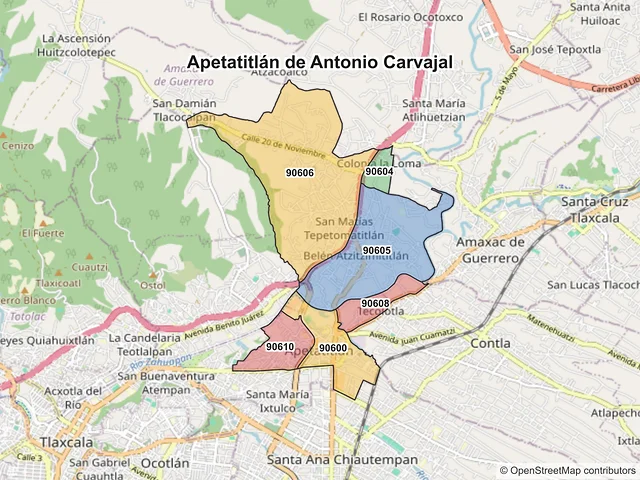 Mapa de códigos postales de Apetatitlán de Antonio Carvajal, Tlaxcala