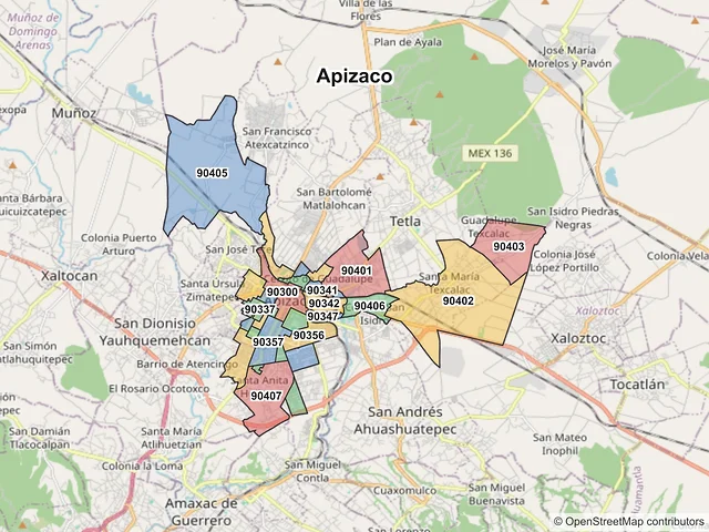 Mapa de códigos postales de Apizaco, Tlaxcala
