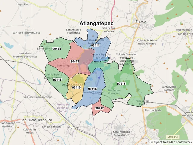 Mapa de códigos postales de Atlangatepec, Tlaxcala