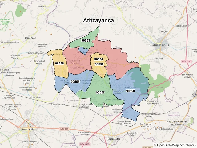 Mapa de códigos postales de Atltzayanca, Tlaxcala