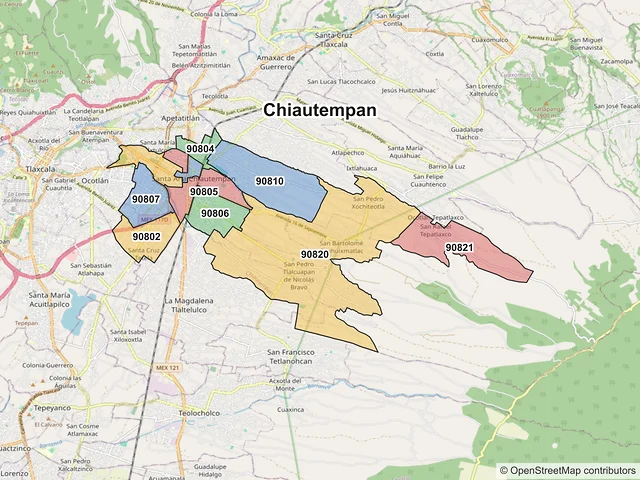 Mapa de códigos postales de Chiautempan, Tlaxcala