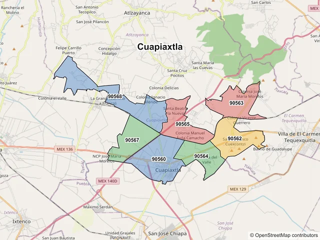 Mapa de códigos postales de Cuapiaxtla, Tlaxcala