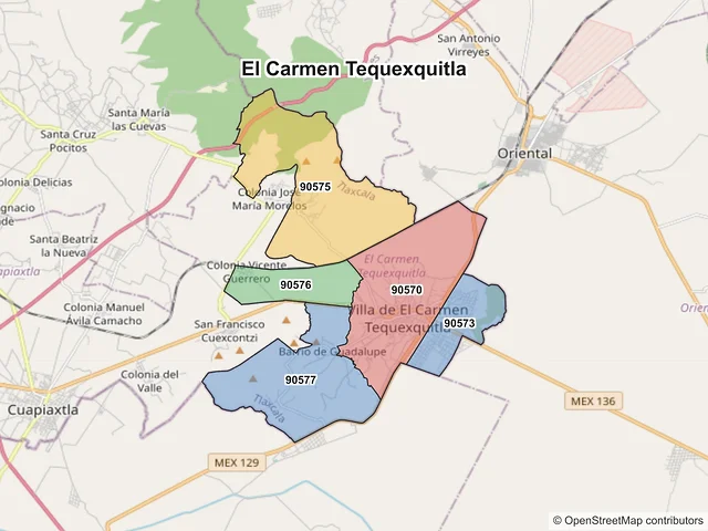 Mapa de códigos postales de El Carmen Tequexquitla, Tlaxcala