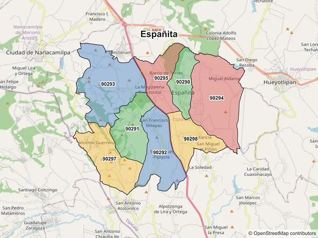 Mapa de códigos postales de Españita, Tlaxcala