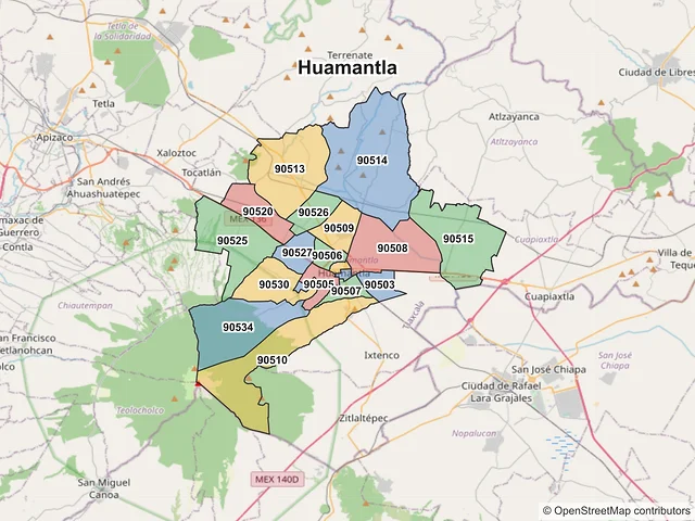 Mapa de códigos postales de Huamantla, Tlaxcala