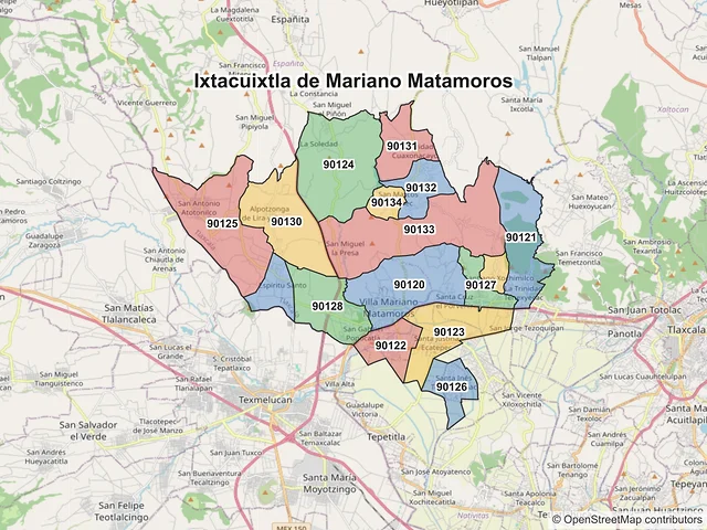 Mapa de códigos postales de Ixtacuixtla de Mariano Matamoros, Tlaxcala