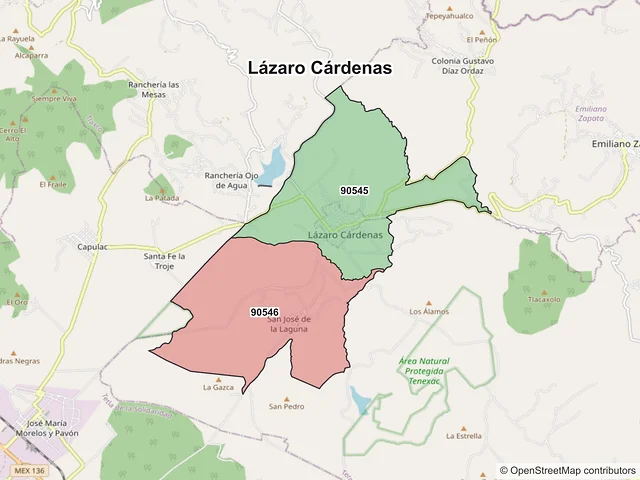 Mapa de códigos postales de Lázaro Cárdenas, Tlaxcala
