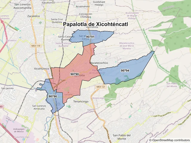Mapa de códigos postales de Papalotla de Xicohténcatl, Tlaxcala