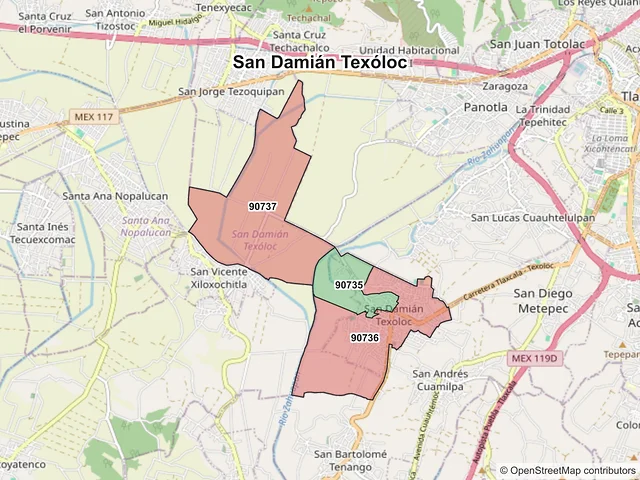 Mapa de códigos postales de San Damián Texóloc, Tlaxcala