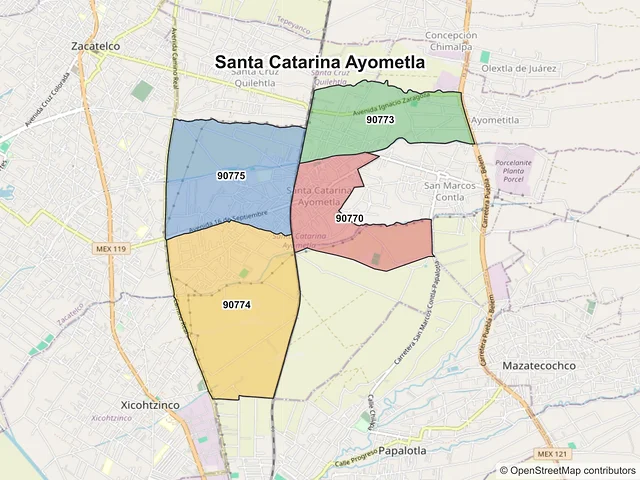 Mapa de códigos postales de Santa Catarina Ayometla, Tlaxcala