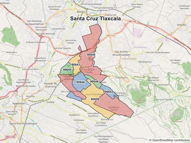 Mapa de códigos postales de Santa Cruz Tlaxcala, Tlaxcala