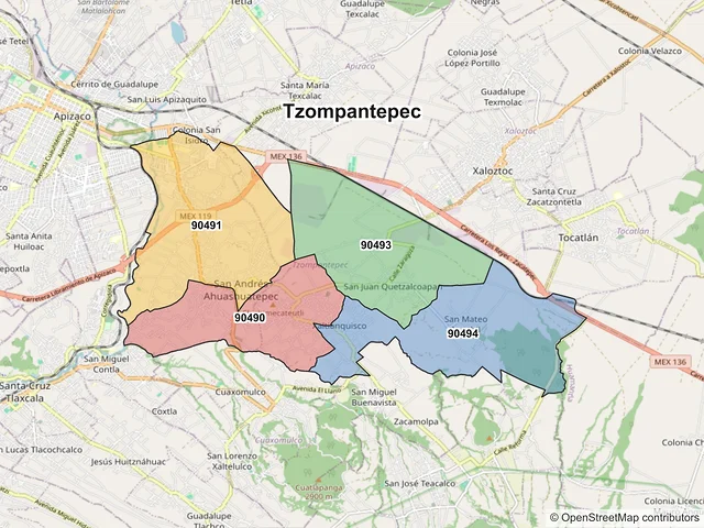 Mapa de códigos postales de Tzompantepec, Tlaxcala
