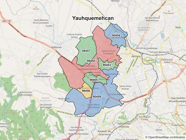 Mapa de códigos postales de Yauhquemehcan, Tlaxcala