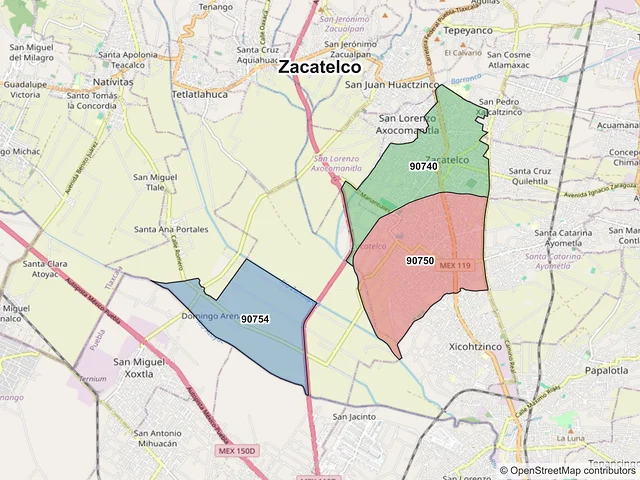 Mapa de códigos postales de Zacatelco, Tlaxcala