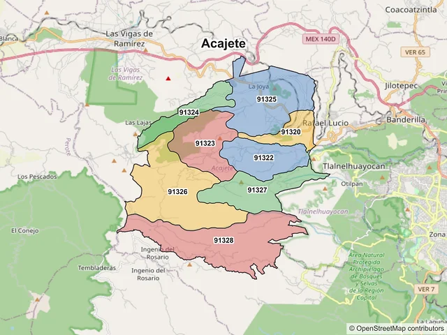 Mapa de códigos postales de Acajete, Veracruz de Ignacio de la Llave