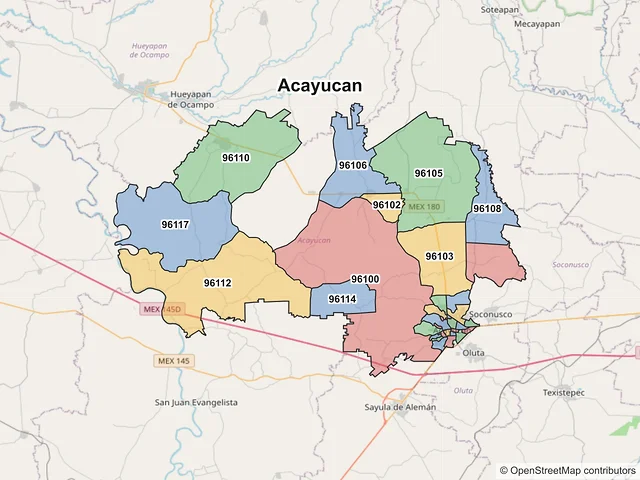 Mapa de códigos postales de Acayucan, Veracruz de Ignacio de la Llave