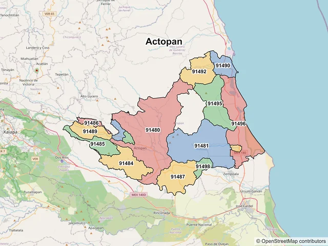 Mapa de códigos postales de Actopan, Veracruz de Ignacio de la Llave
