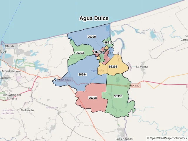 Mapa de códigos postales de Agua Dulce, Veracruz de Ignacio de la Llave
