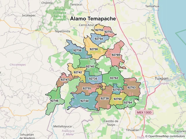 Mapa de códigos postales de Álamo Temapache, Veracruz de Ignacio de la Llave