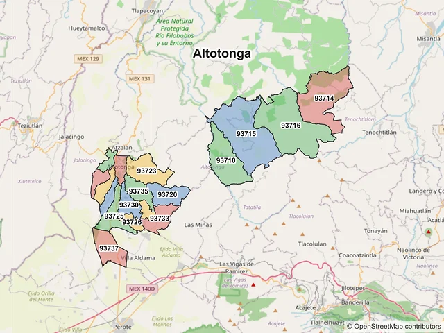 Mapa de códigos postales de Altotonga, Veracruz de Ignacio de la Llave