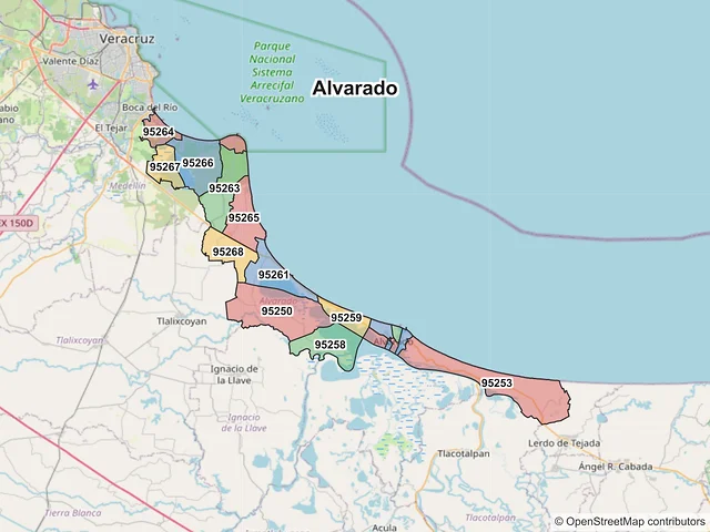 Mapa de códigos postales de Alvarado, Veracruz de Ignacio de la Llave