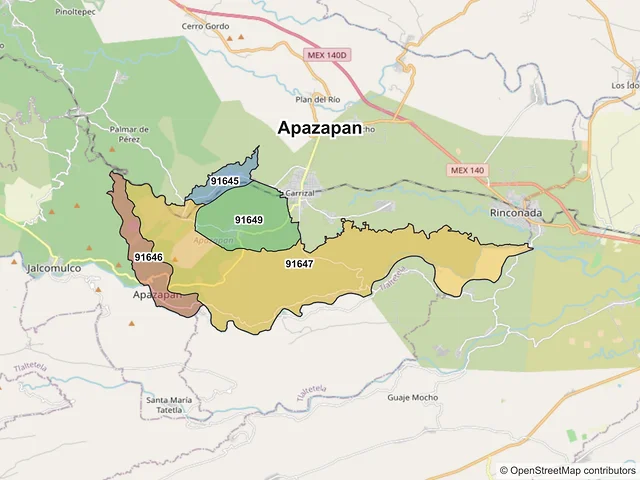 Mapa de códigos postales de Apazapan, Veracruz de Ignacio de la Llave
