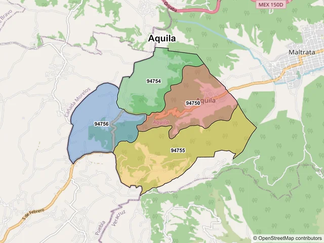 Mapa de códigos postales de Aquila, Veracruz de Ignacio de la Llave