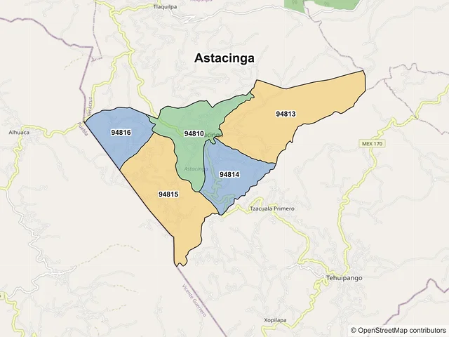 Mapa de códigos postales de Astacinga, Veracruz de Ignacio de la Llave