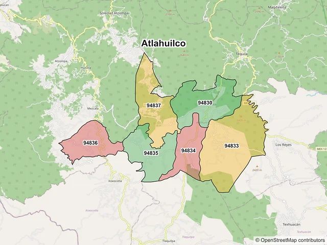 Mapa de códigos postales de Atlahuilco, Veracruz de Ignacio de la Llave