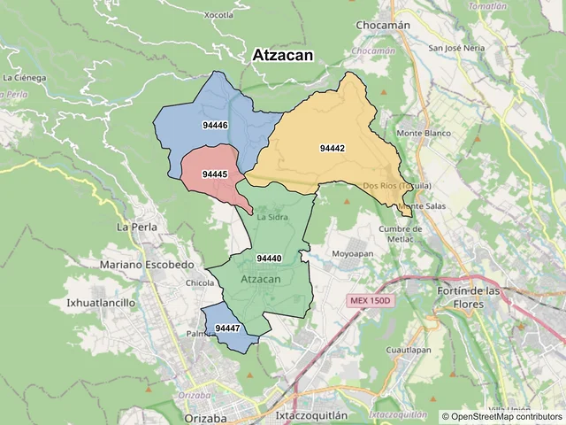 Mapa de códigos postales de Atzacan, Veracruz de Ignacio de la Llave