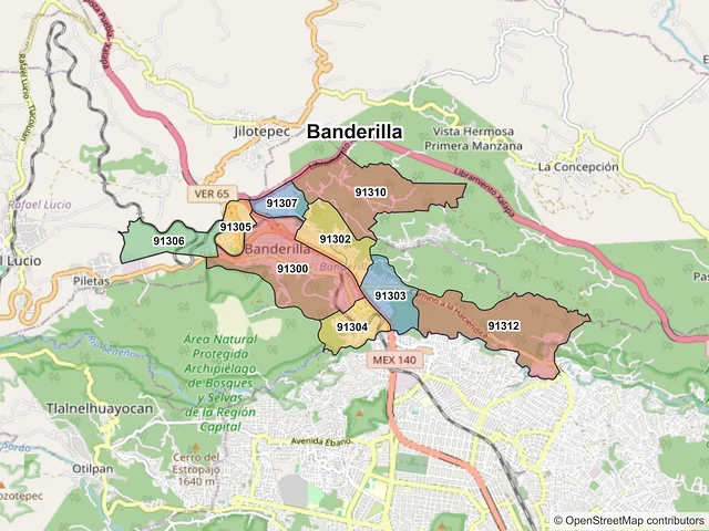Mapa de códigos postales de Banderilla, Veracruz de Ignacio de la Llave