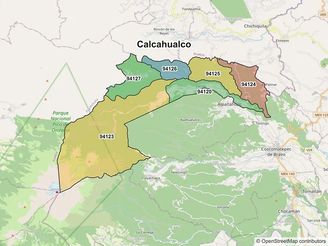 Mapa de códigos postales de Calcahualco, Veracruz de Ignacio de la Llave