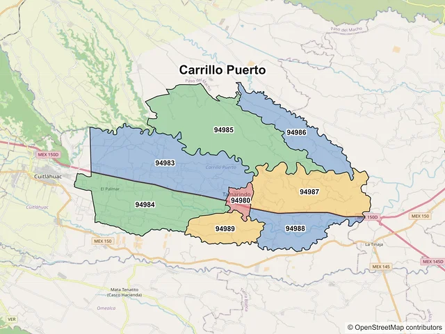 Mapa de códigos postales de Carrillo Puerto, Veracruz de Ignacio de la Llave