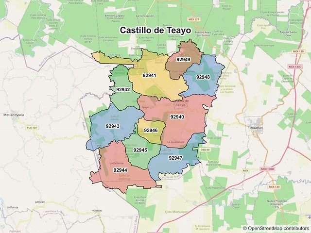 Mapa de códigos postales de Castillo de Teayo, Veracruz de Ignacio de la Llave
