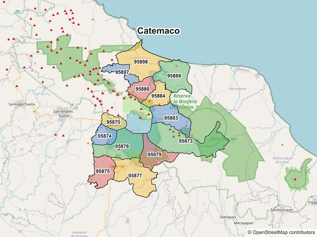 Mapa de códigos postales de Catemaco, Veracruz de Ignacio de la Llave