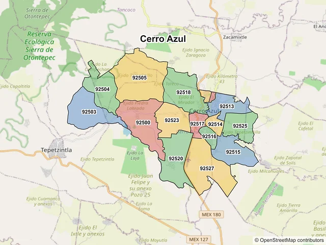 Mapa de códigos postales de Cerro Azul, Veracruz de Ignacio de la Llave