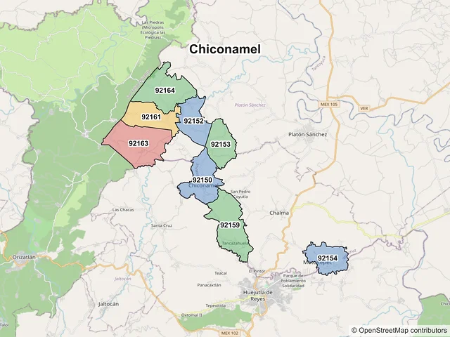 Mapa de códigos postales de Chiconamel, Veracruz de Ignacio de la Llave