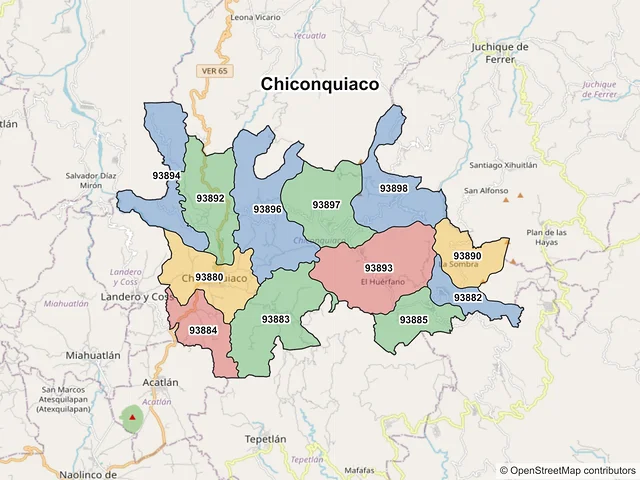 Mapa de códigos postales de Chiconquiaco, Veracruz de Ignacio de la Llave