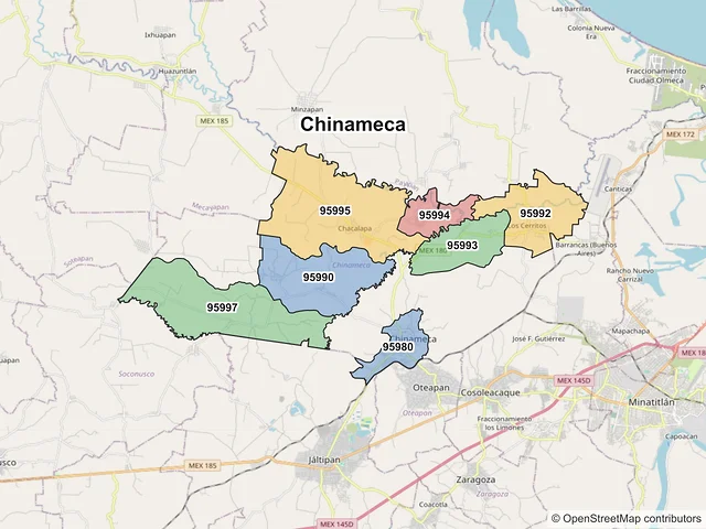 Mapa de códigos postales de Chinameca, Veracruz de Ignacio de la Llave
