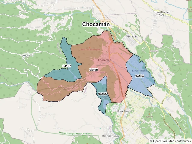 Mapa de códigos postales de Chocamán, Veracruz de Ignacio de la Llave