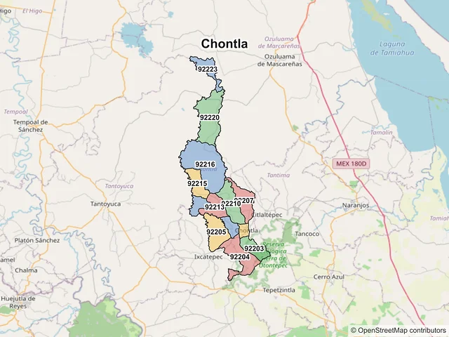 Mapa de códigos postales de Chontla, Veracruz de Ignacio de la Llave