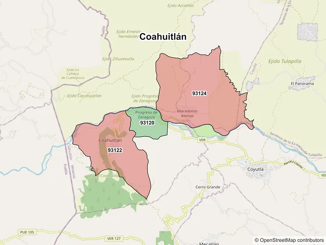 Mapa de códigos postales de Coahuitlán, Veracruz de Ignacio de la Llave