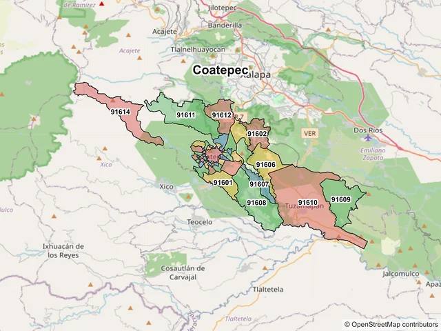 Mapa de códigos postales de Coatepec, Veracruz de Ignacio de la Llave