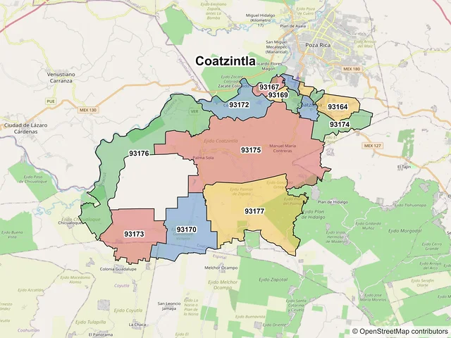 Mapa de códigos postales de Coatzintla, Veracruz de Ignacio de la Llave